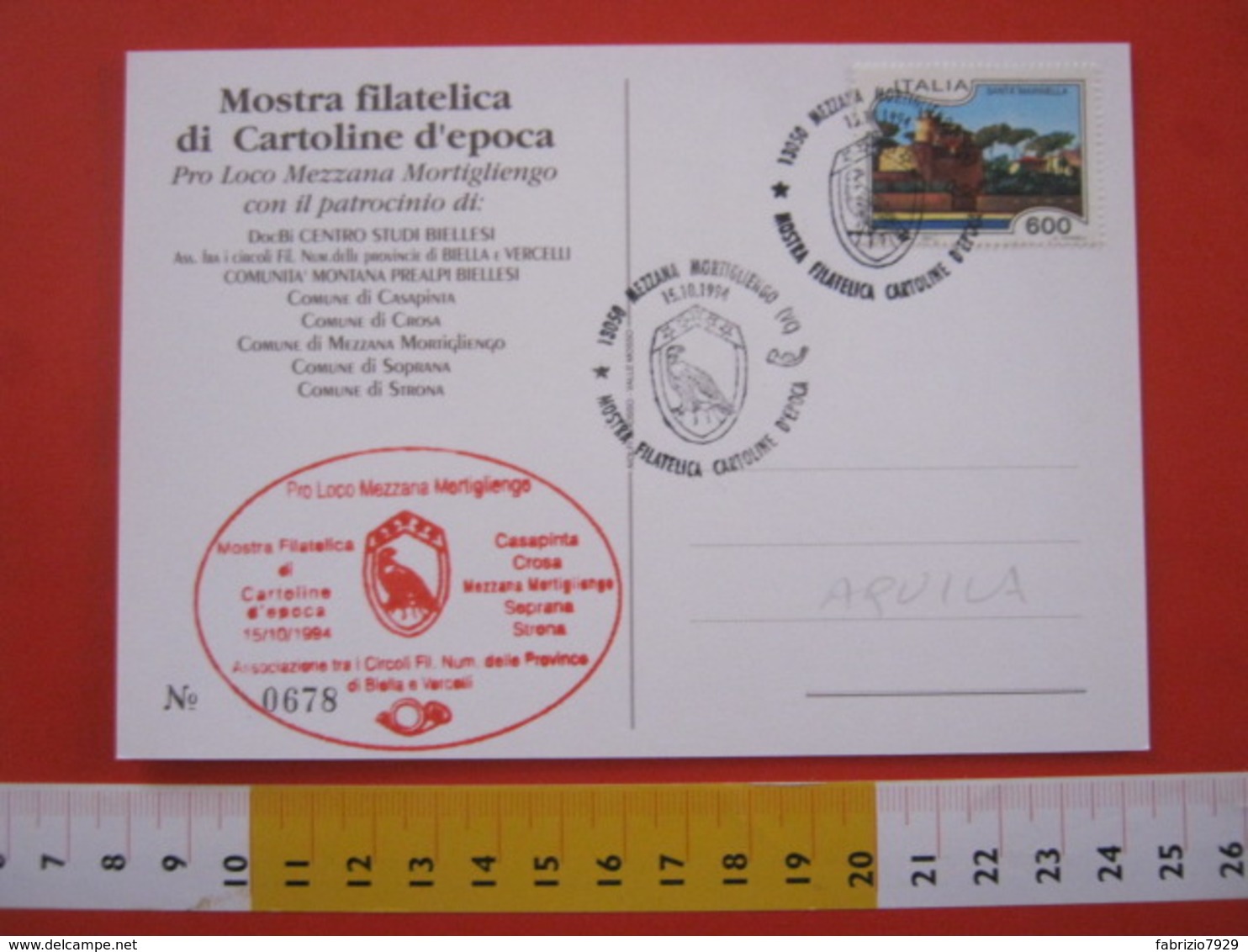 A.13 ITALIA ANNULLO 1994 MEZZANA MORTIGLIENGO VERCELLI BIELLA AQUILA STEMMA CARD CASAPINTA STRONA CROSA SOPRANA - Aquile & Rapaci Diurni