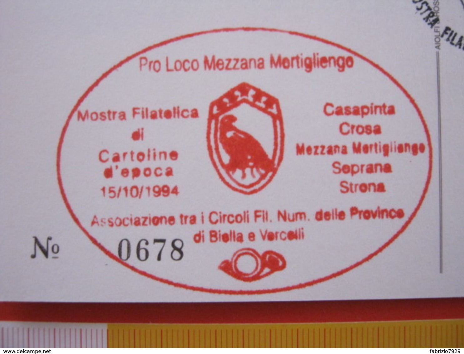 A.13 ITALIA ANNULLO 1994 MEZZANA MORTIGLIENGO VERCELLI BIELLA AQUILA STEMMA CARD CASAPINTA STRONA CROSA SOPRANA - Aquile & Rapaci Diurni