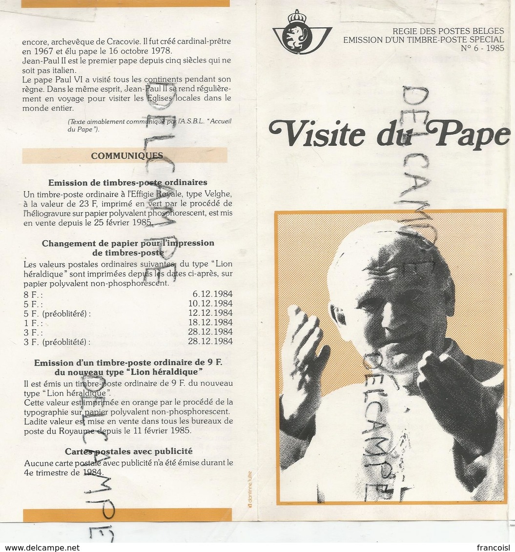 Émission D'un Timbre-poste Spécial. Visite Du Pape Jean-Paul II En 1985. - Dépliants De La Poste