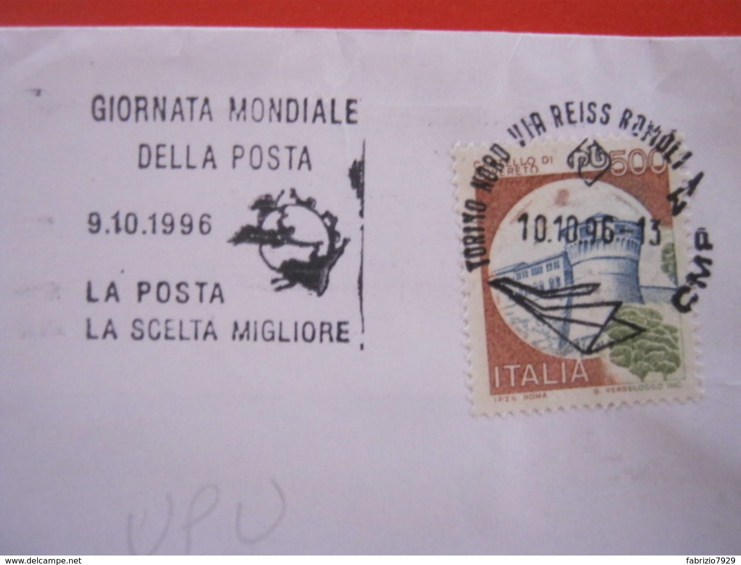 A.13 ITALIA ANNULLO 1996 TORINO TARGHETTA GIORNATA MONDIALE DELLA POSTA UPU U.P.U. SCELTA MIGLIORE VIAGGIATA - UPU (Unión Postal Universal)