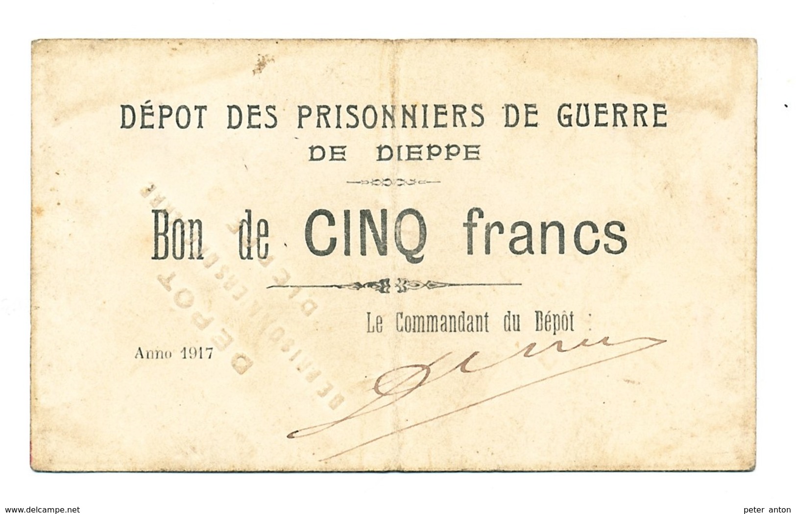 1914 //1918    P.O.W. // Bon De Prisonnier De Guerre , Année 1917// Dépot Prisonniers De Guerre De Dieppe, 5 F - Bons & Nécessité