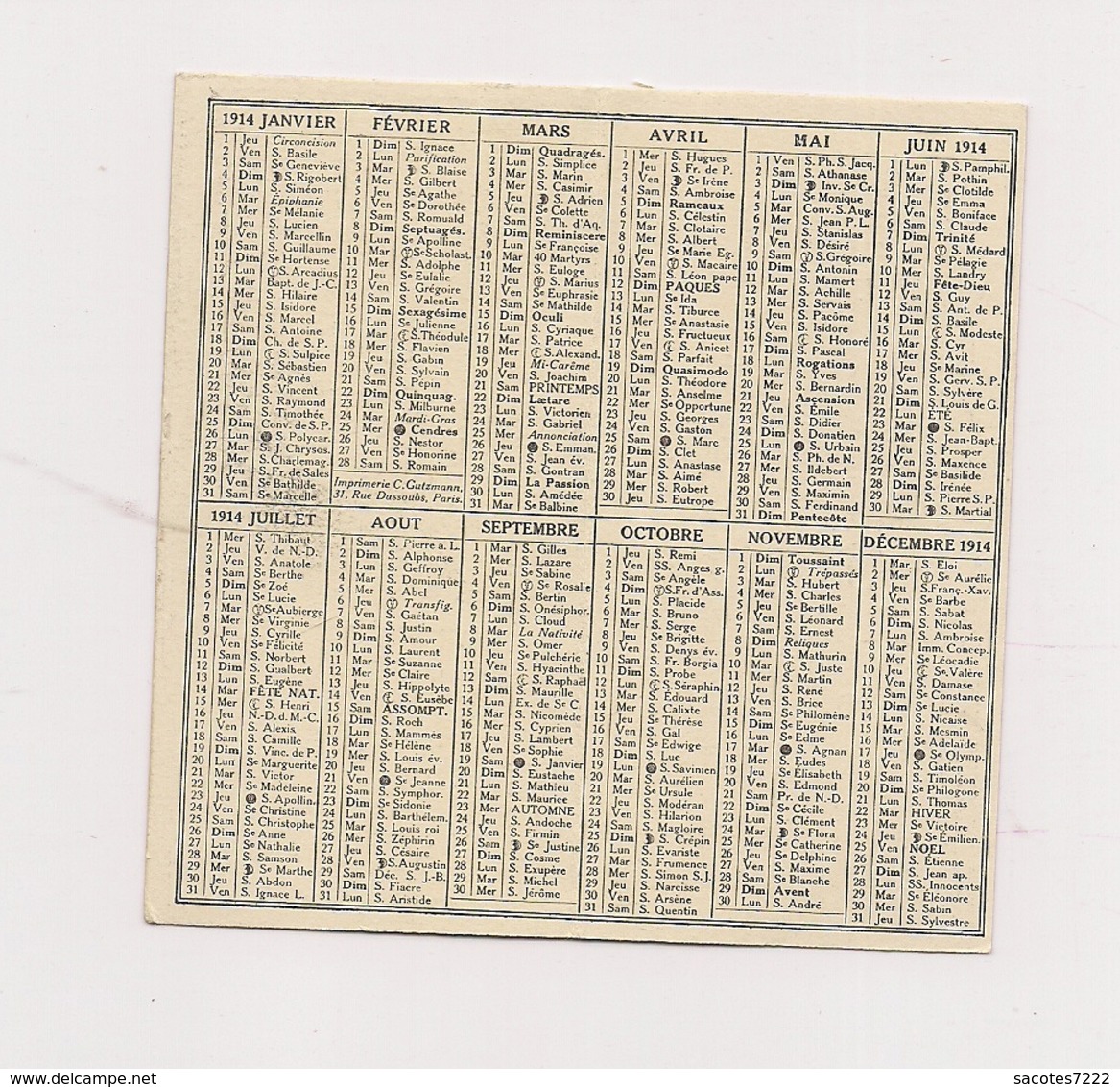 CALENDRIER 1914 - PILULES CAZAUX - - Kleinformat : 1901-20