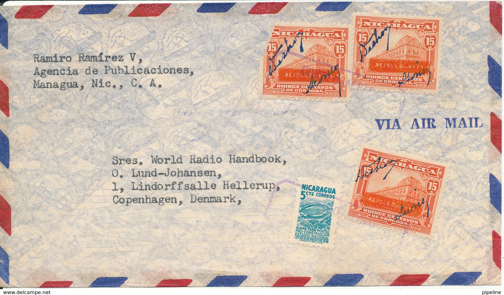 Nicaragua Air Mail Cover Sent To Denmark (1 Of The Stamps Is Damaged) - Nicaragua