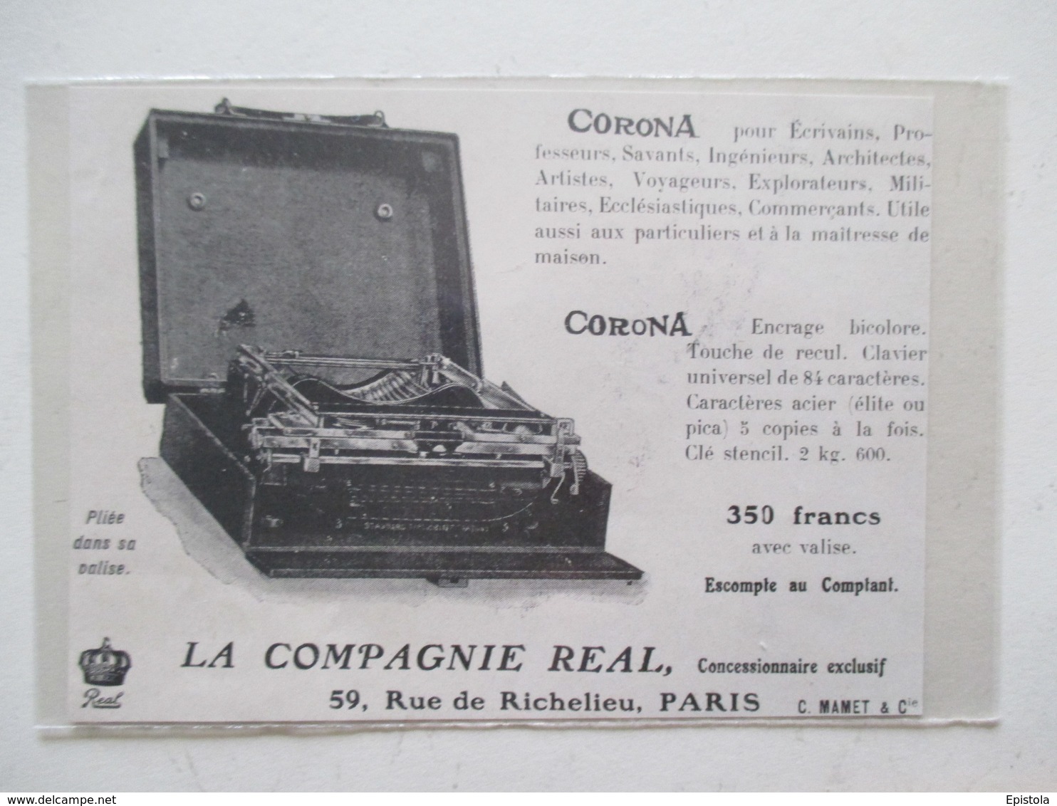 Machine à écrire Portative "CORONA" Ets Compagnie Real    -  Coupure De Presse De 1909 - Autres Appareils