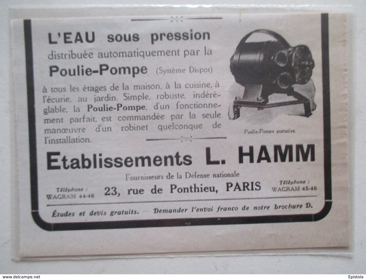 Poulie Pompe (Système Dispot) à Eau Sous Pression  Ets L HAMM -  Coupure De Presse De 1918 - Autres Appareils