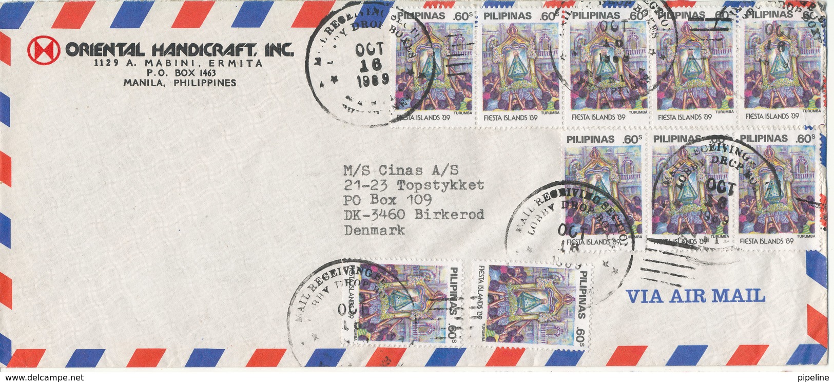 Philippines Air Mail Cover Sent To Denmark 16-10-1989 With 10 Stamps - Philippines