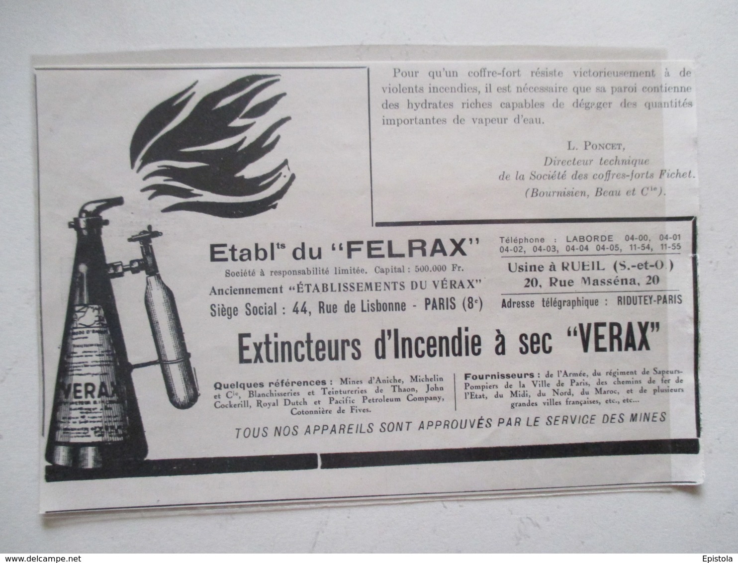 Usine RUEIL MALMAISON Rue Massena (92) Extincteur D'incendie à Sec " VERAX"  Ets Du Felrax  -  Coupure De Presse De 1929 - Autres Appareils