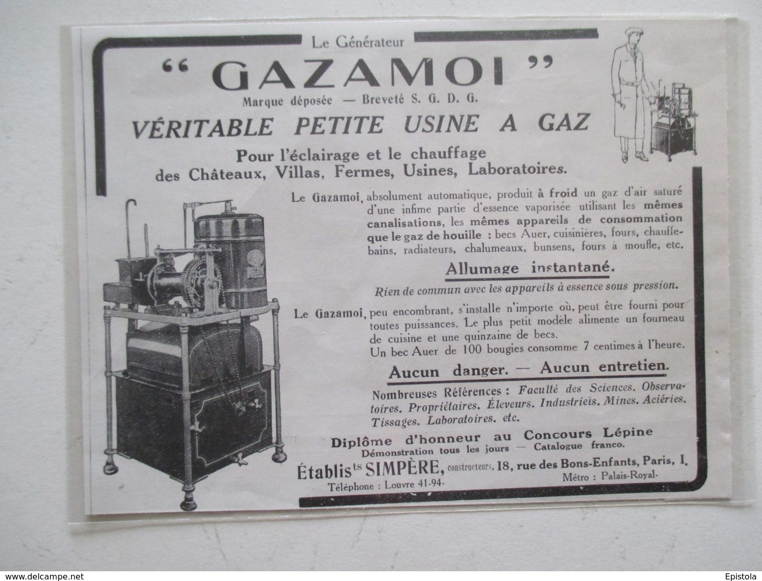 Petite Usine à Gaz  "GAZAMOI" Pour Chateaux, Villas, Fermes, Usines & Labo  -  Coupure De Presse De 1924 - Autres Appareils