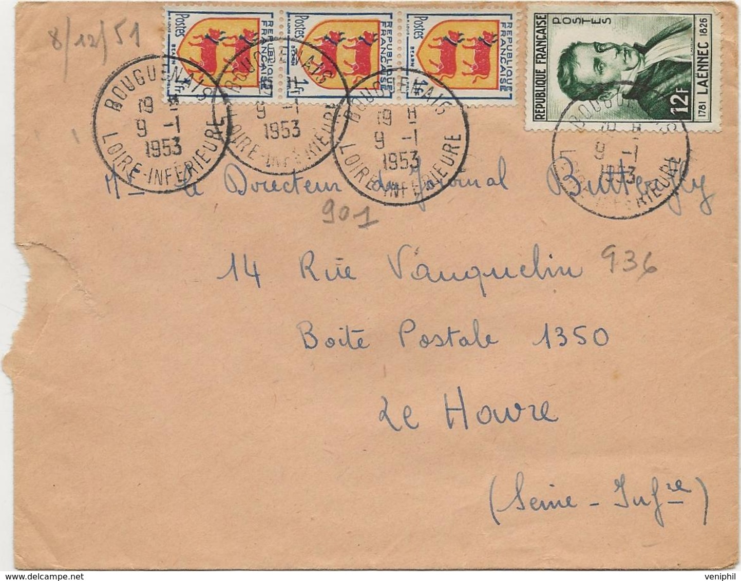 LETTRE AFRANCHIE N° 901 BANDE DE 3 + N° 936 -CAD BOUGUENAIS -LOIRE INFERIEUR - 1953 - 1921-1960: Moderne