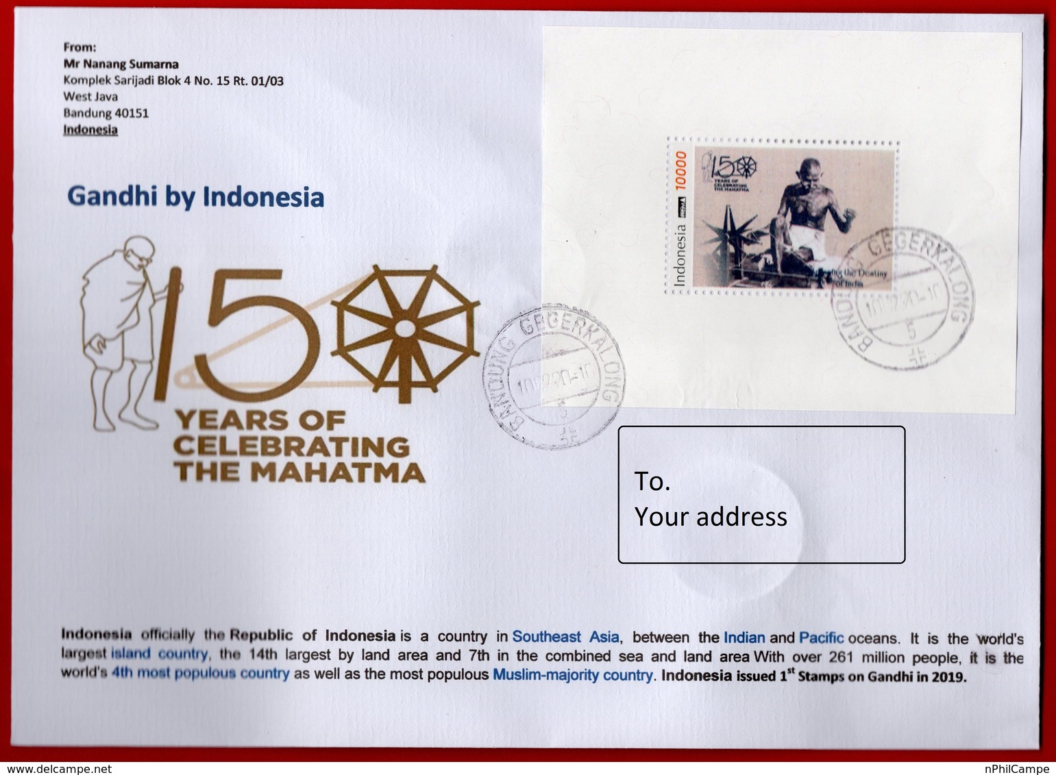 #1- Indonesia 2019. A Letter To Your Address. Cover. 150 Anniversary Of Mahatma Gandhi - Indonesien