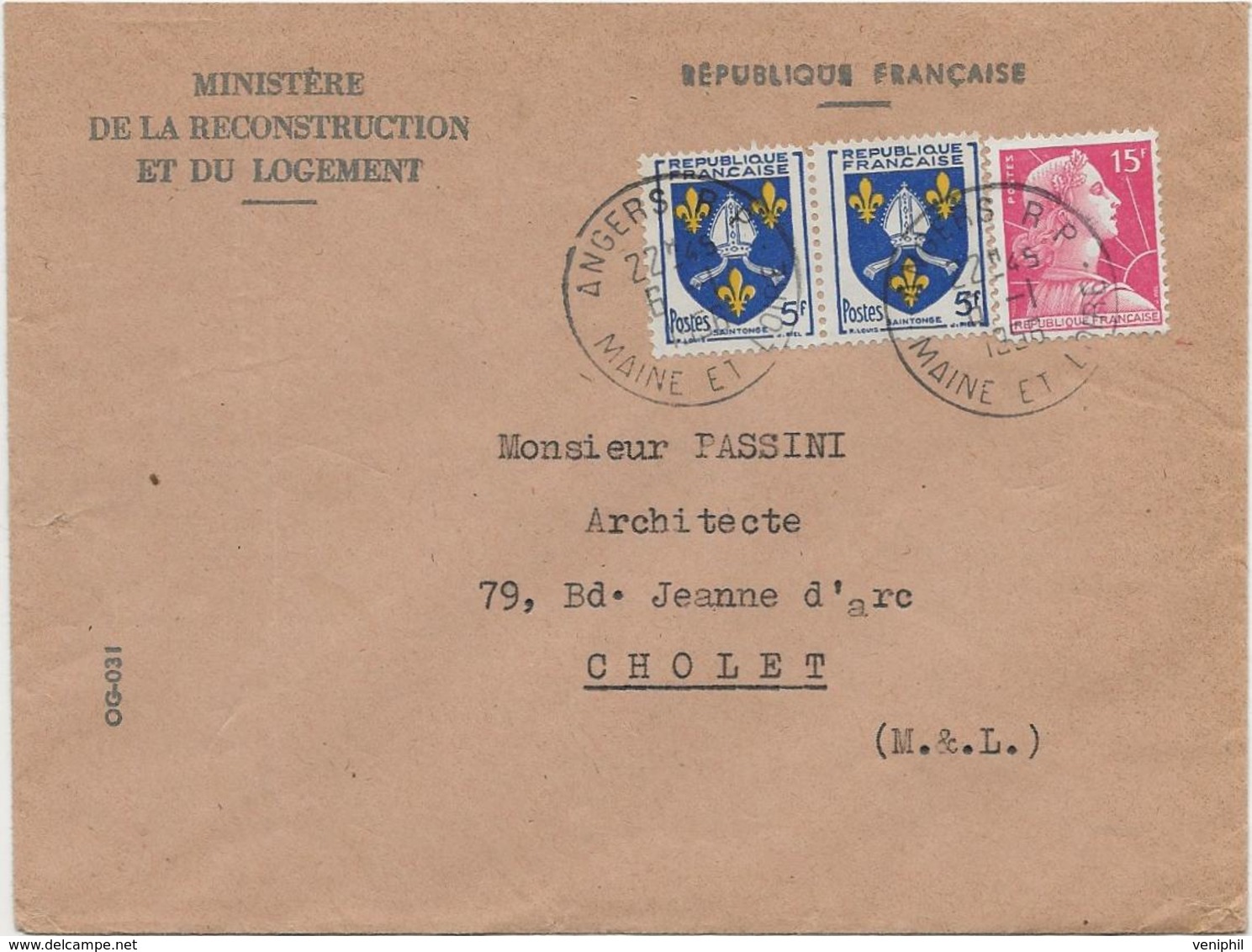 LETTRE AFRANCHIE N° 1005 PAIRE + N° 1011 CAD ANGERS RP -MAINE ET LOIRE -1956 - 1921-1960: Modern Period