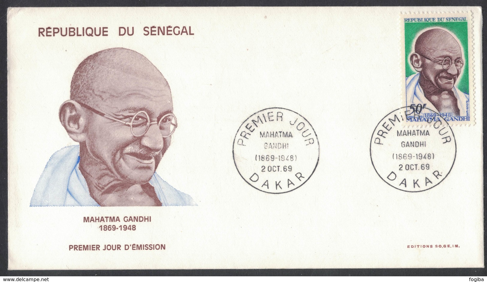 IZ156    Sénégal Dakar 1969 FDC N° 324 Mahatma Gandhi - Mahatma Gandhi