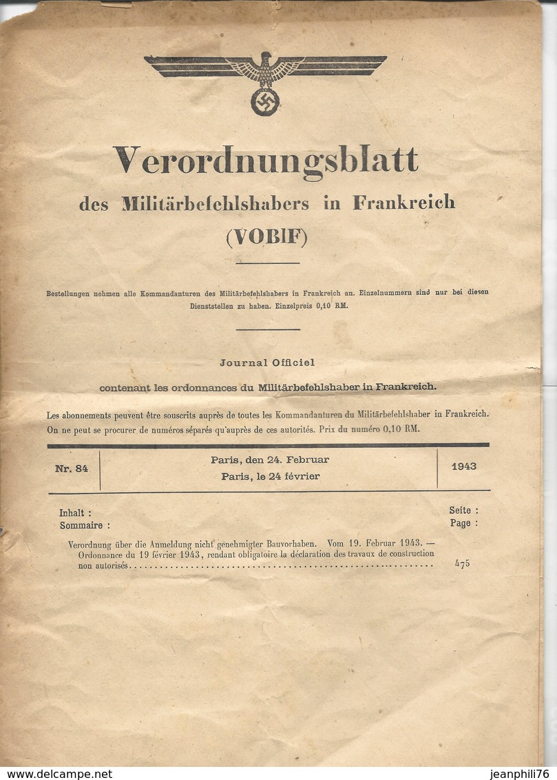 39/45 Verordnungsblatt Des Militärsbefehlshaber In Frankreich / Jo Des Ordonnances Du Commandant Militaire En France - Décrets & Lois