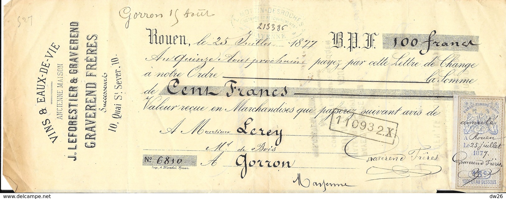 Mandat à L'Ordre 1877 - Vins Et Eaux De Vie J. Leforestier & Graverend, Rouen - 1800 – 1899