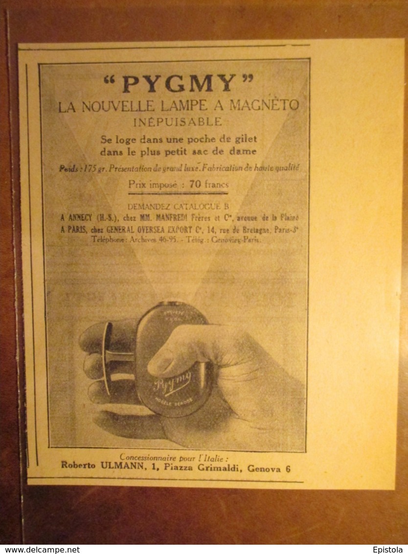 Lampe MAGNETO INEPUISABLE "à Poussoir"  PYGMY    -  Coupure De Presse De 1929 - Projectoren