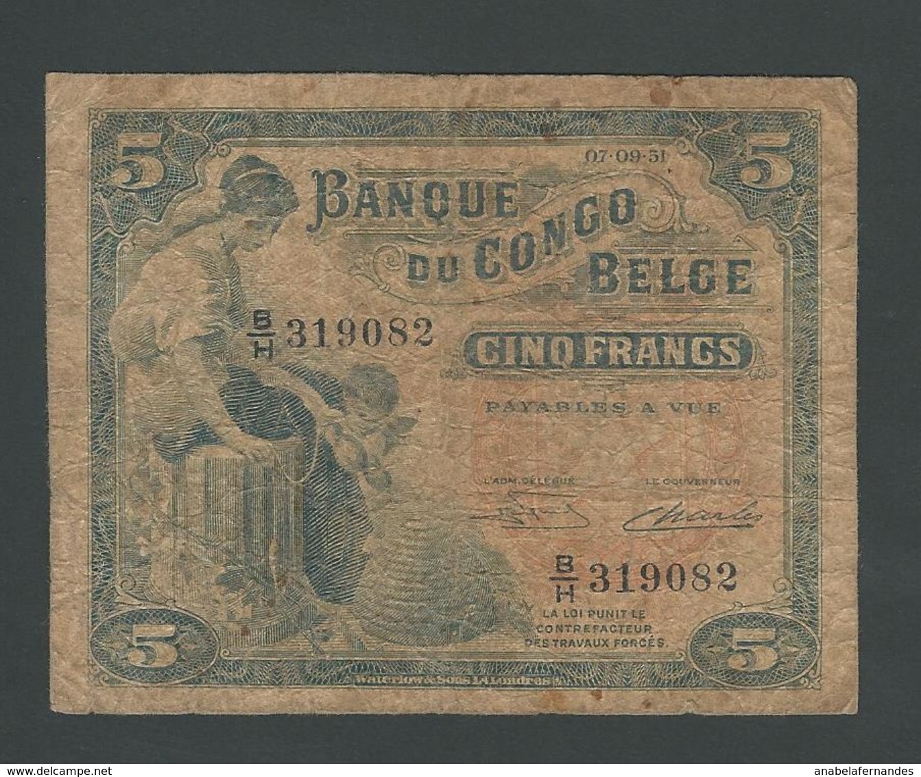 CONGO RARE 5 FRANC 1951  F- - Banque Du Congo Belge