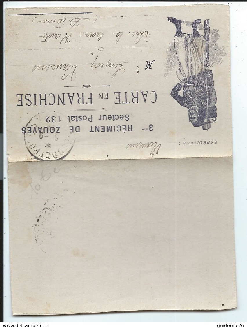 Carte En Franchise 3 Ieme Régiment De Zouaves Secteur Postal 132 - 1877-1920: Période Semi Moderne