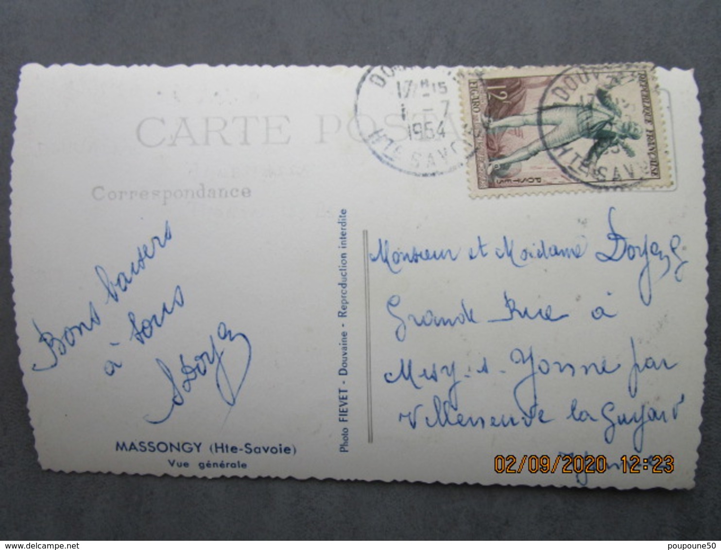 CP 74 Haute Savoie MASSONGY  Entre Douvaine Et Sciez - Vue Générale  écrite Et Timbrée Beau Timbre 12f De 1954 - Douvaine