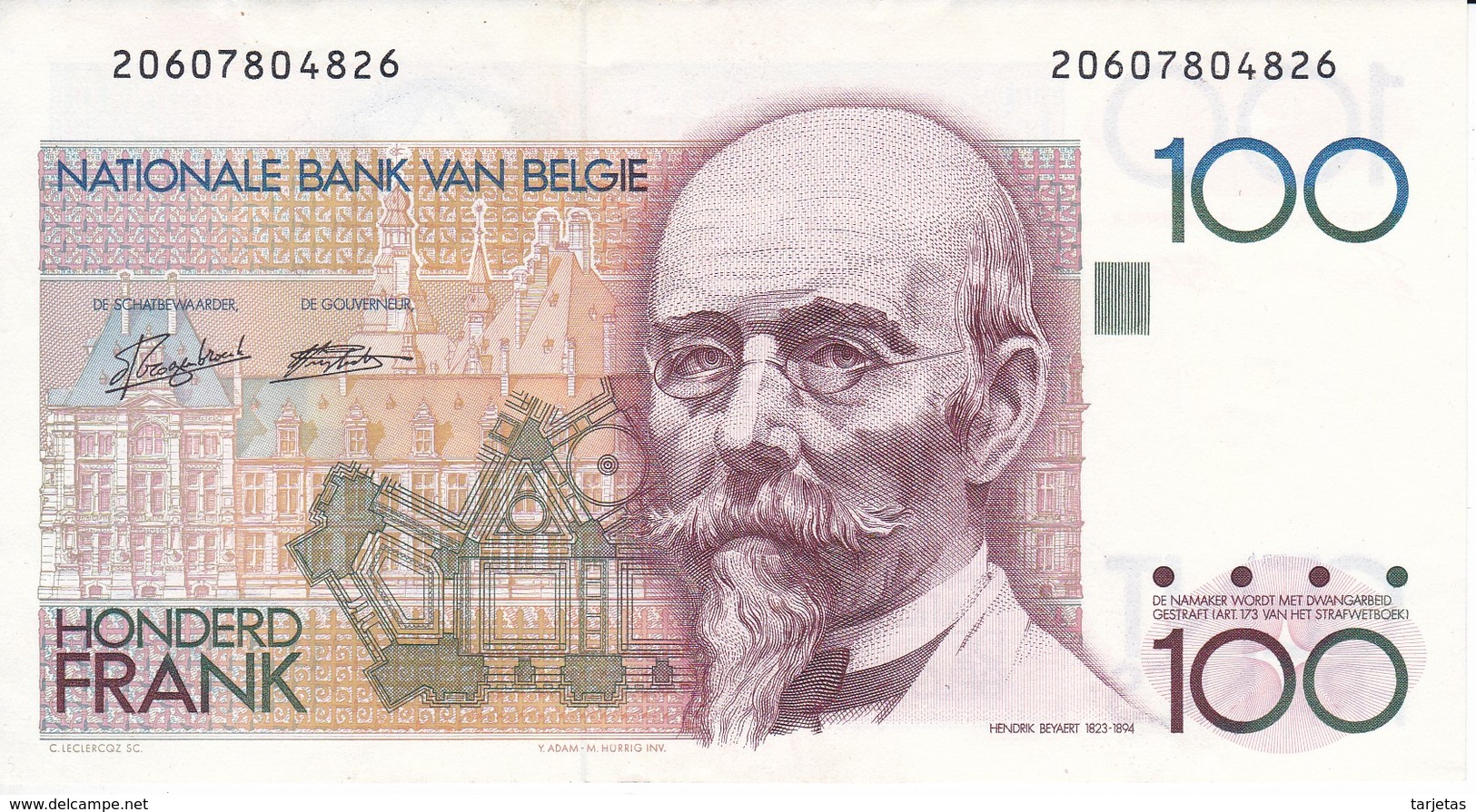 BILLETE DE BELGICA DE 100 FRANCOS DEL AÑO 1978 HENDRIK BEYAERT (BANK NOTE) - 100 Francos