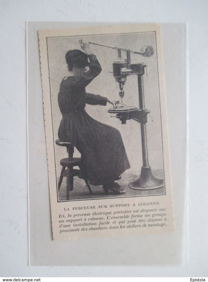 Ouvrière Et Sa Perceuse à Colonne électrique Portative    -  Coupure De Presse De 1920 - Autres Appareils