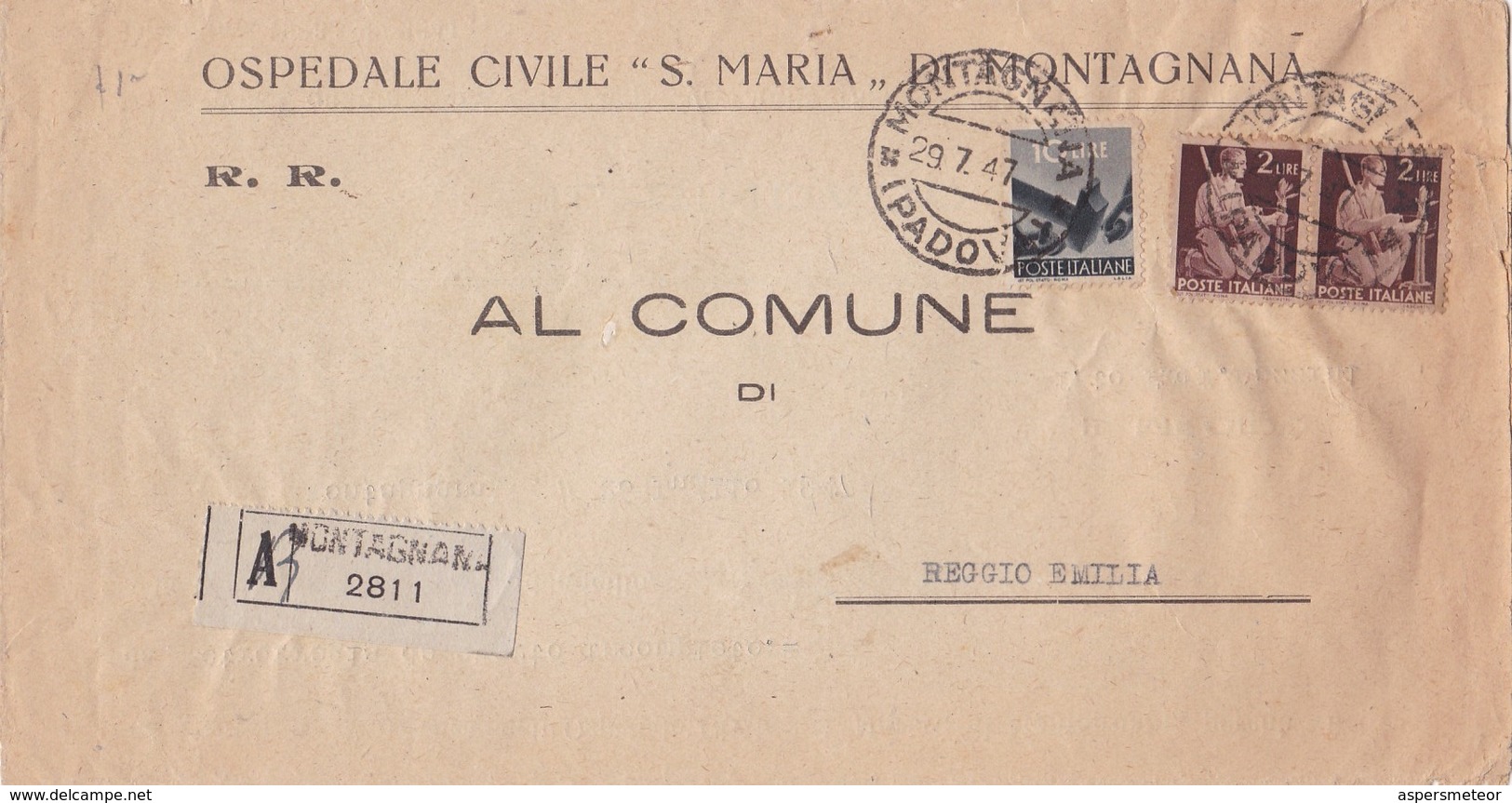 OSPEDALE CIVILE "S MARIA" DI MONTAGNANA, ITALY COMMERCIAL COVER, CIRCULATED 1947 TO AL COMUNE DI REGGIO EMILIA  -LILHU - 1946-60: Poststempel