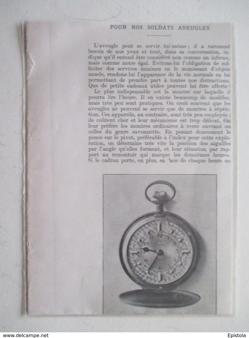 Montre Gousset Pour Nos Soldats Aveugles - Coupure De Presse De 1917 - Montres Gousset