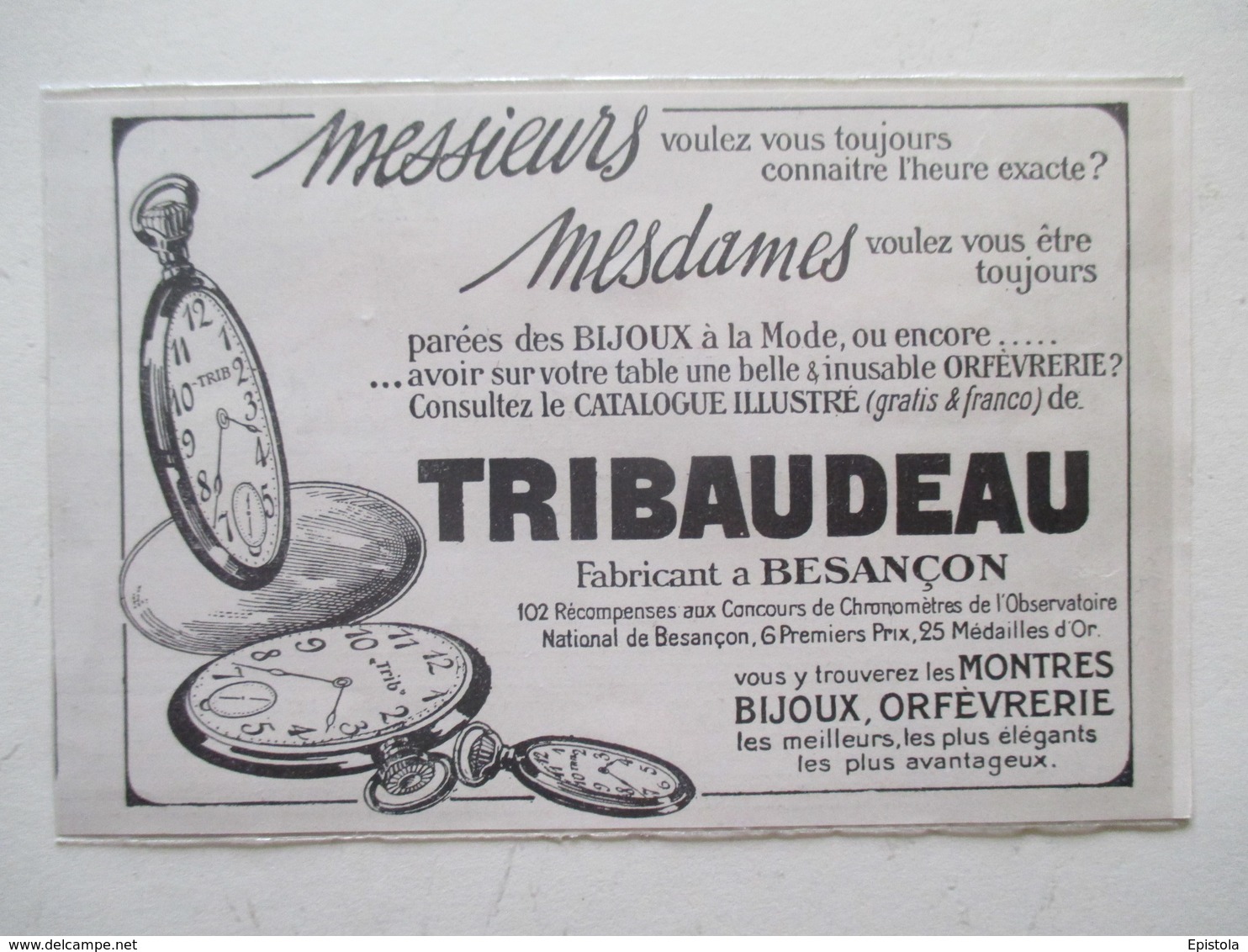 Montre Gousset - Ets TRIBAUDEAU à Besançon - Coupure De Presse De 1922 - Montres Gousset