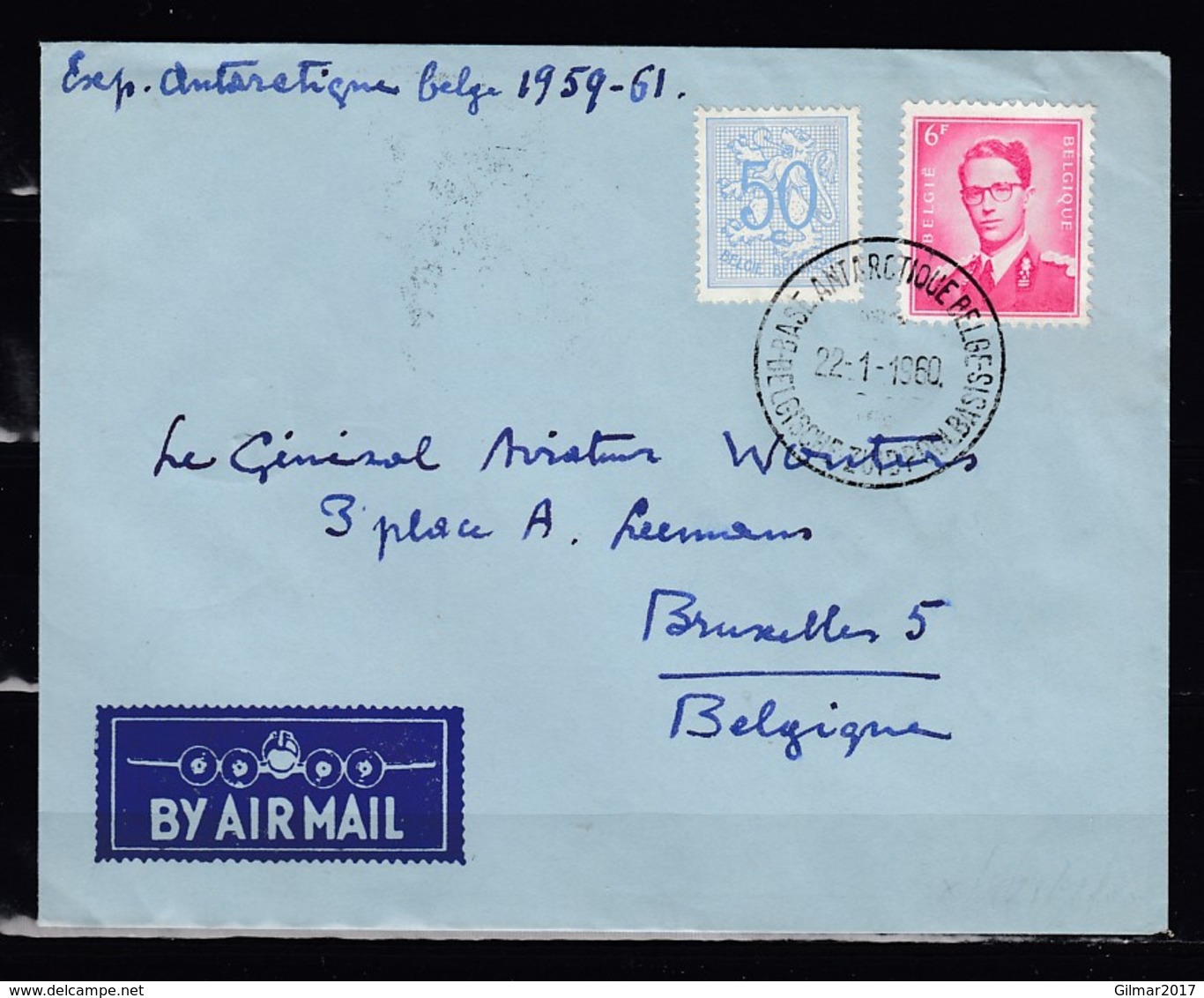 Air Mail Van Base Antarctique Belge Naar Bruxelles - 1953-1972 Lunettes