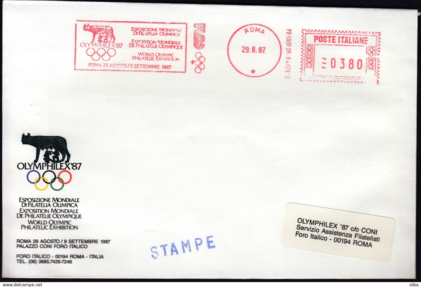 Italy Rome 1987 / World Olympic Philatelic Exhibition OLYMPHILEX '87 / Italian Olympic Committee / Machine Stamp - Otros & Sin Clasificación