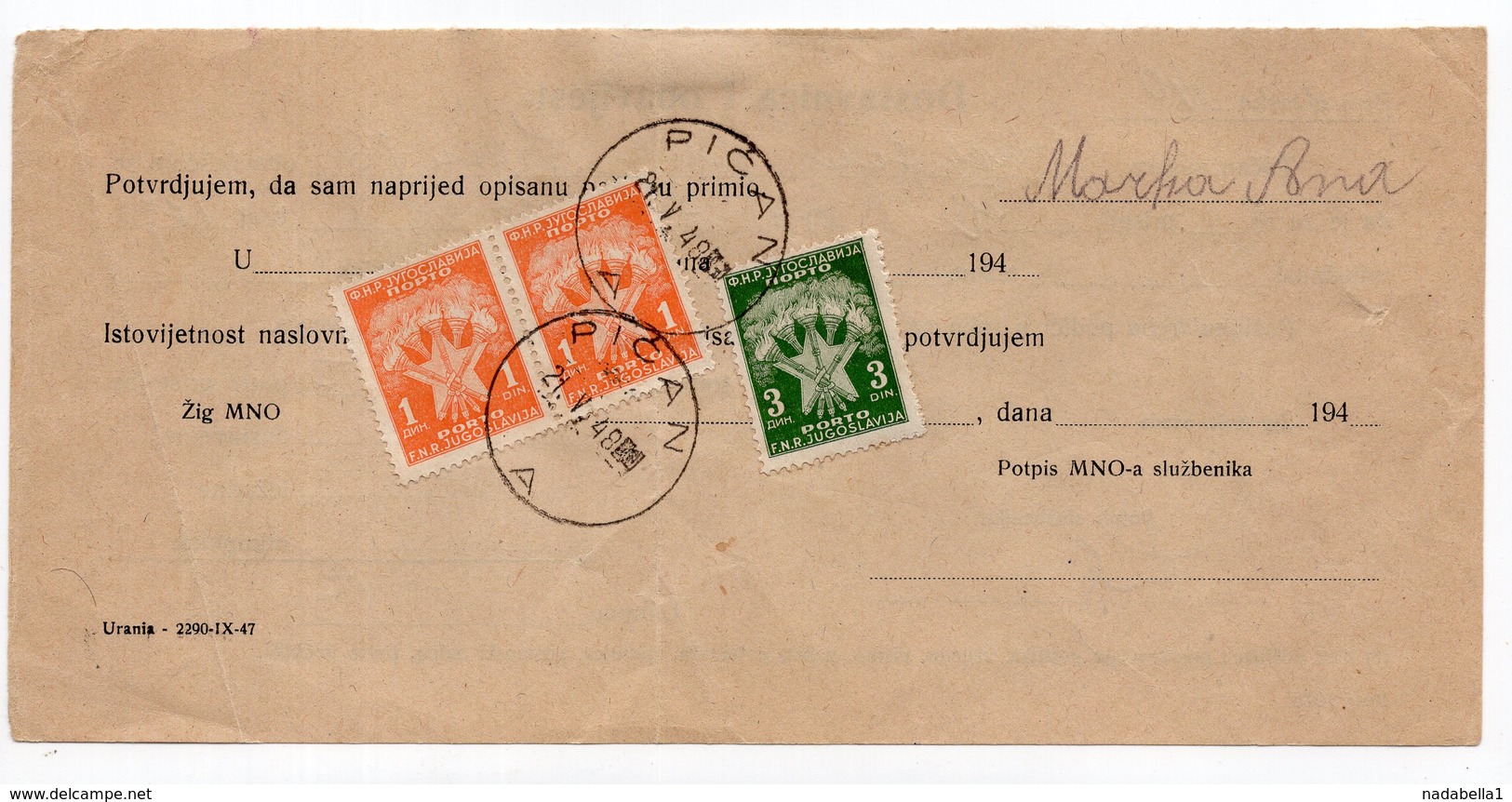 1948 VUJA,ISTRIA,YUGOSLAVIA,PIĆAN,ITALIAN PEDENA,DELIVERY CARD - Covers & Documents