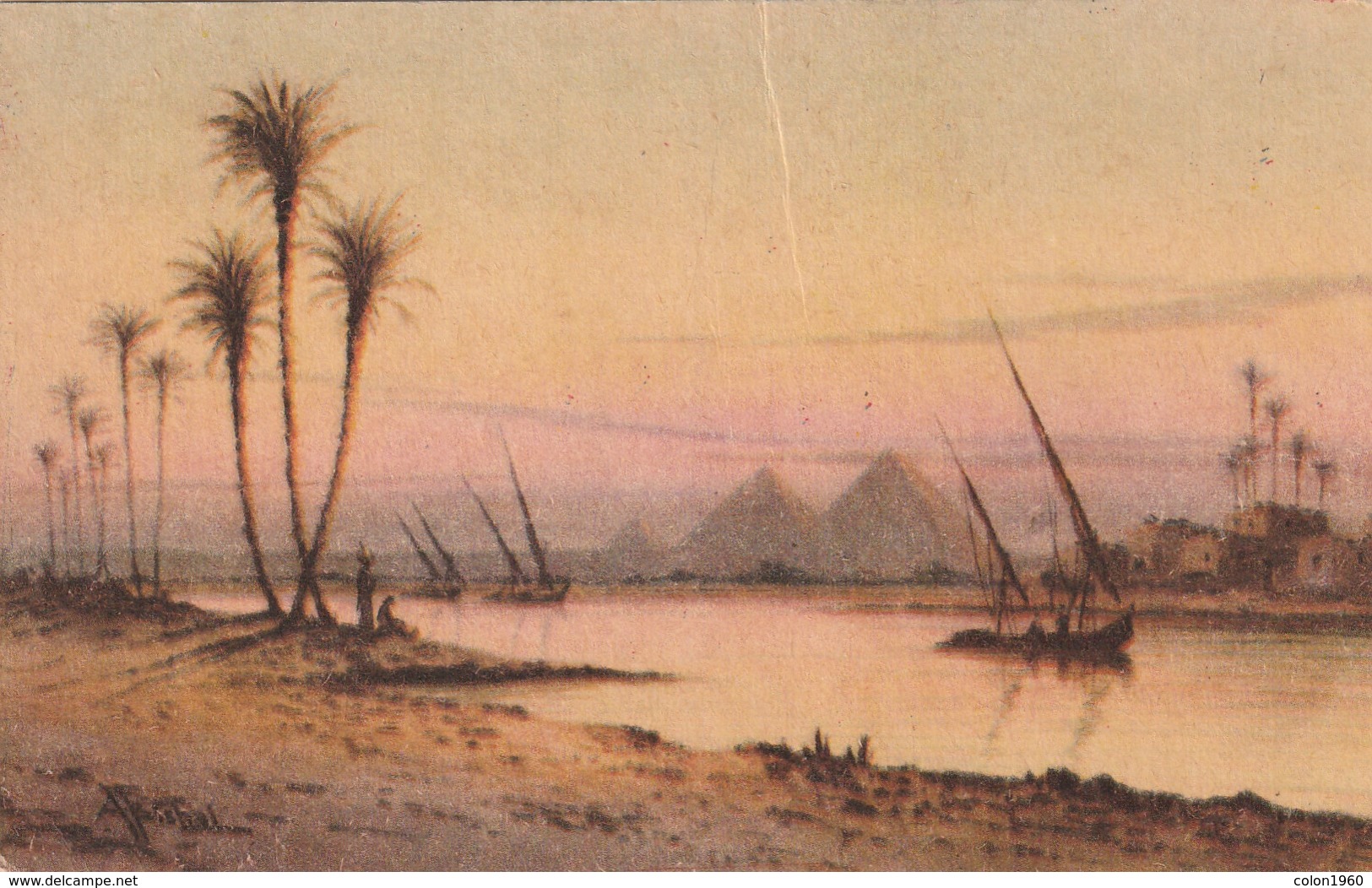 POSTAL ANTIGUA DE EGIPTO. GLORIOUS SUNSET ON THE NILE NEAR THE PYRAMIDS OF GIZA. Nº 123. (1030). - Historia