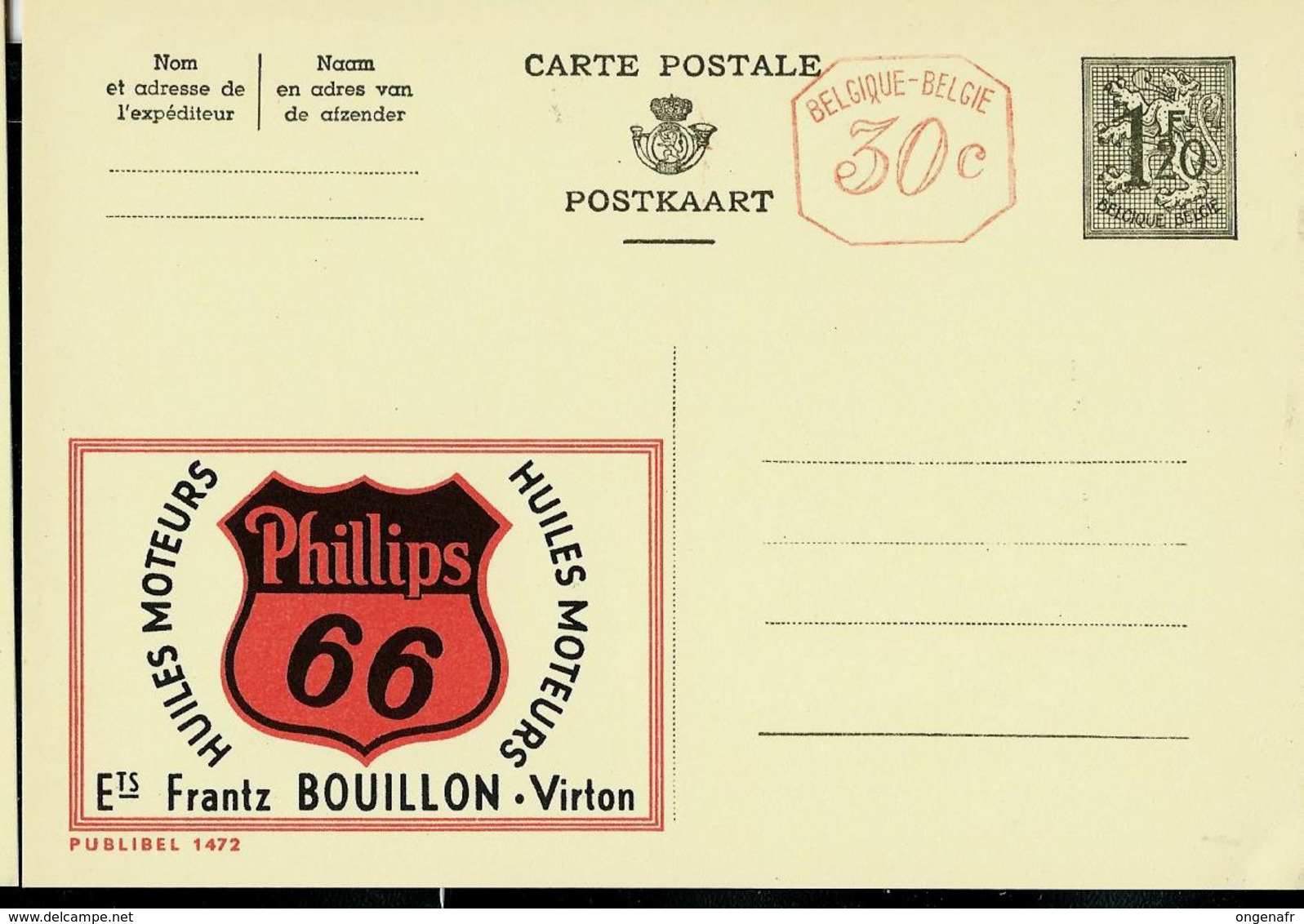 Publibel Neuve N° 1472 M   ( Ets Frantz Bouillon - Virton   - Huiles Moteur PHILLIPS  66) - Publibels