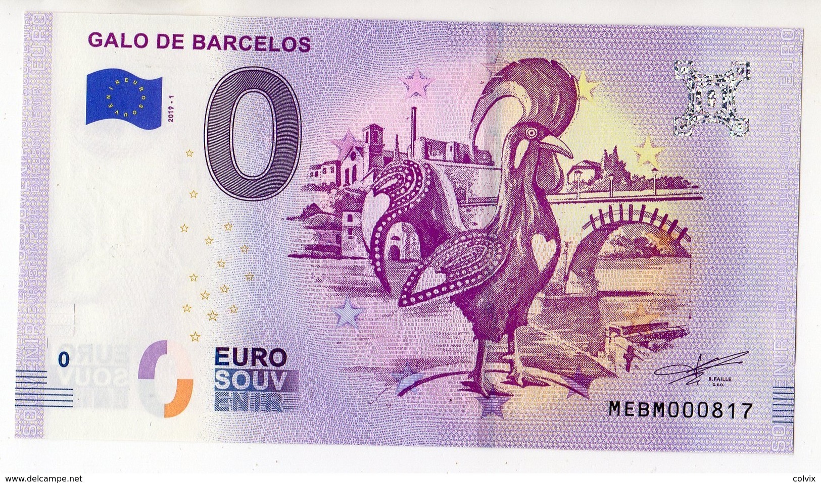 2019-1 BILLET TOURISTIQUE PORTUGAL 0 EURO SOUVENIR N°MEBM000815 GALO DE BARCELOS Coq - Private Proofs / Unofficial