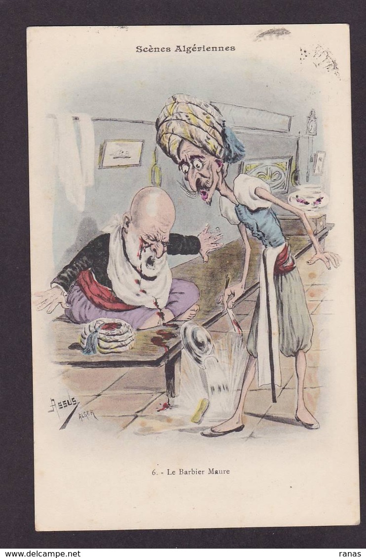 CPA Assus Illustrateur Arabe Satirique Caricature Circulé Barbier Rasoir - Astus