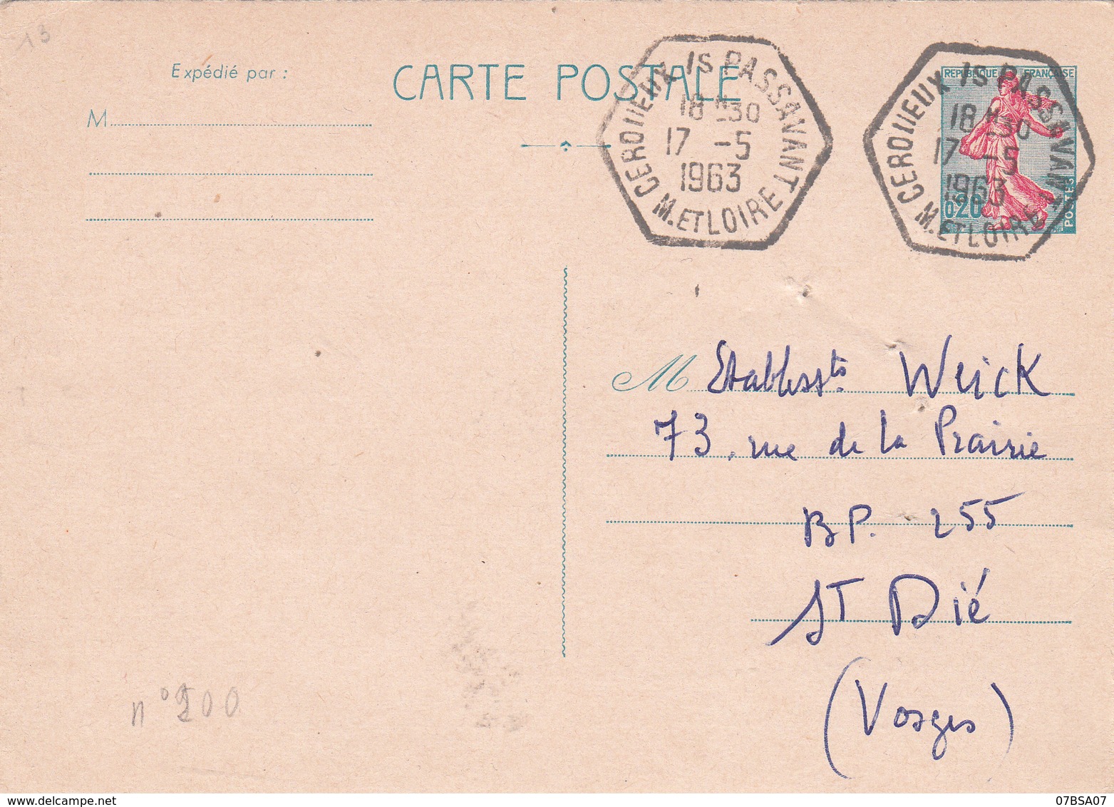 MAINE ET LOIRE CP ENTIER 1963 CERQUEUX SOUS PASSAVANT AGENCE POSTALE TROU AGRAFFE - 1961-....