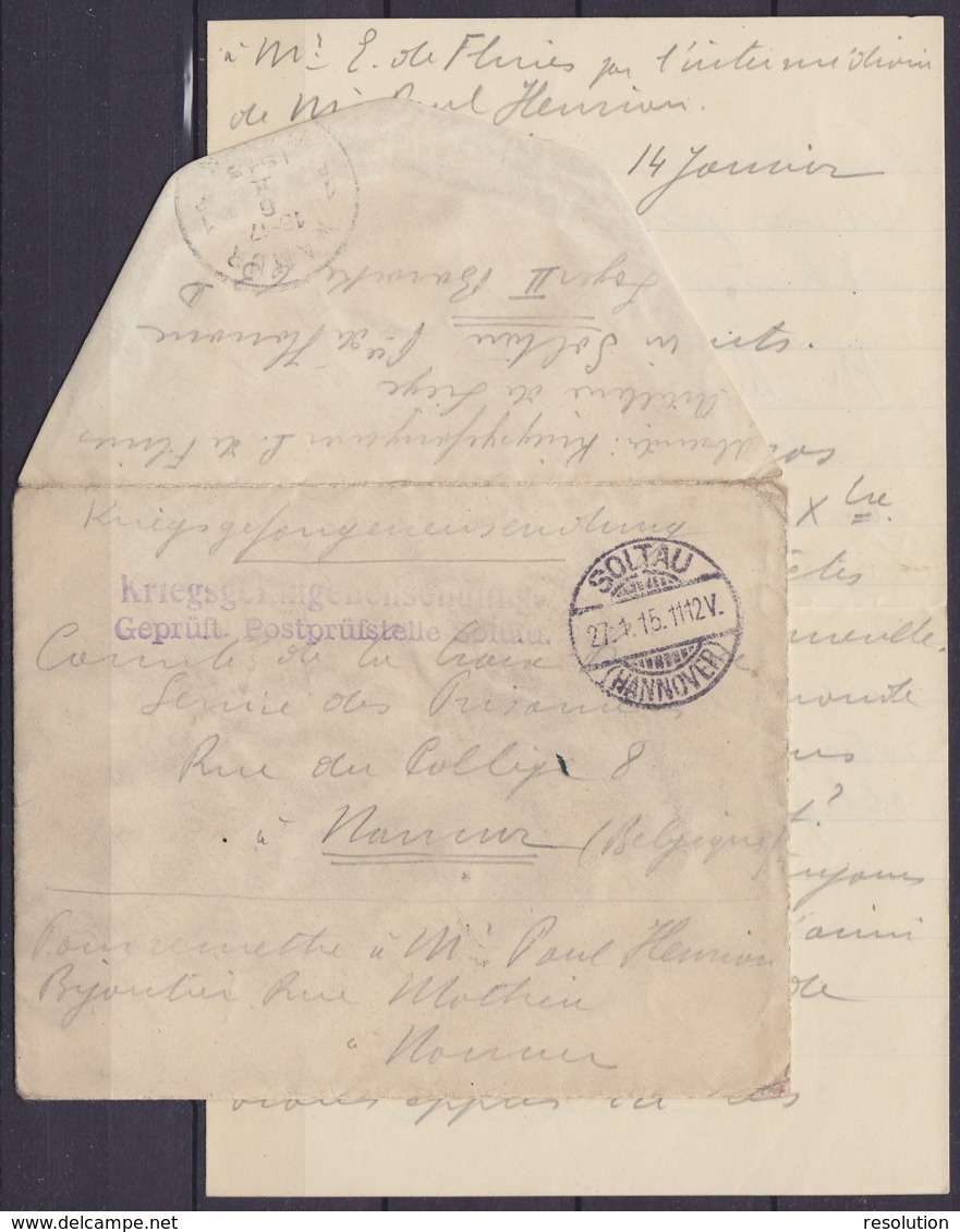 LAC Franchise "Kriegsgefangenensendung" Càpt "SOLTAU /27.1.1915/ (HANNOVER)" Pour NAMUR - Griffe Censure "Kriegsgefangen - Prisonniers