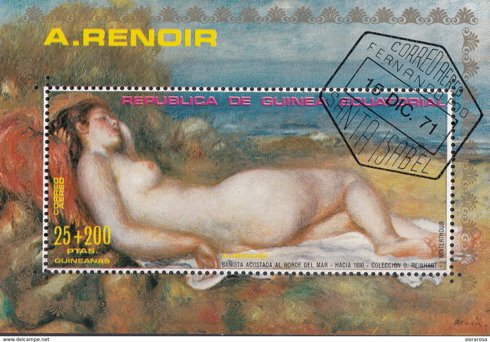 Guinea Equatoriale 1973 Bf. 55A Bagnante Distesa... Quadro Dipinto Renoir Sheet Perf. CTO Post Impressionismo - Impressionismo