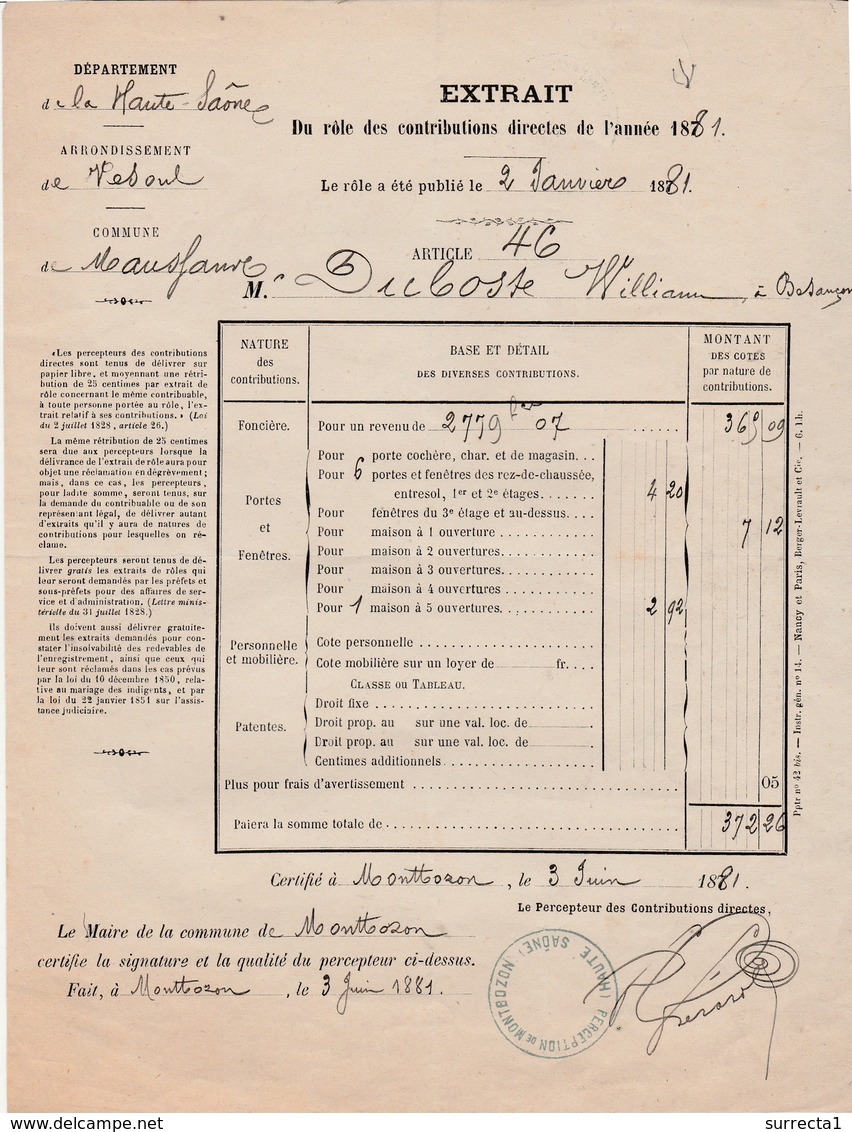 1881 / Facture Impôts Portes Et Fenêtres à Maussans 70 / Perception Montbozon - 1800 – 1899