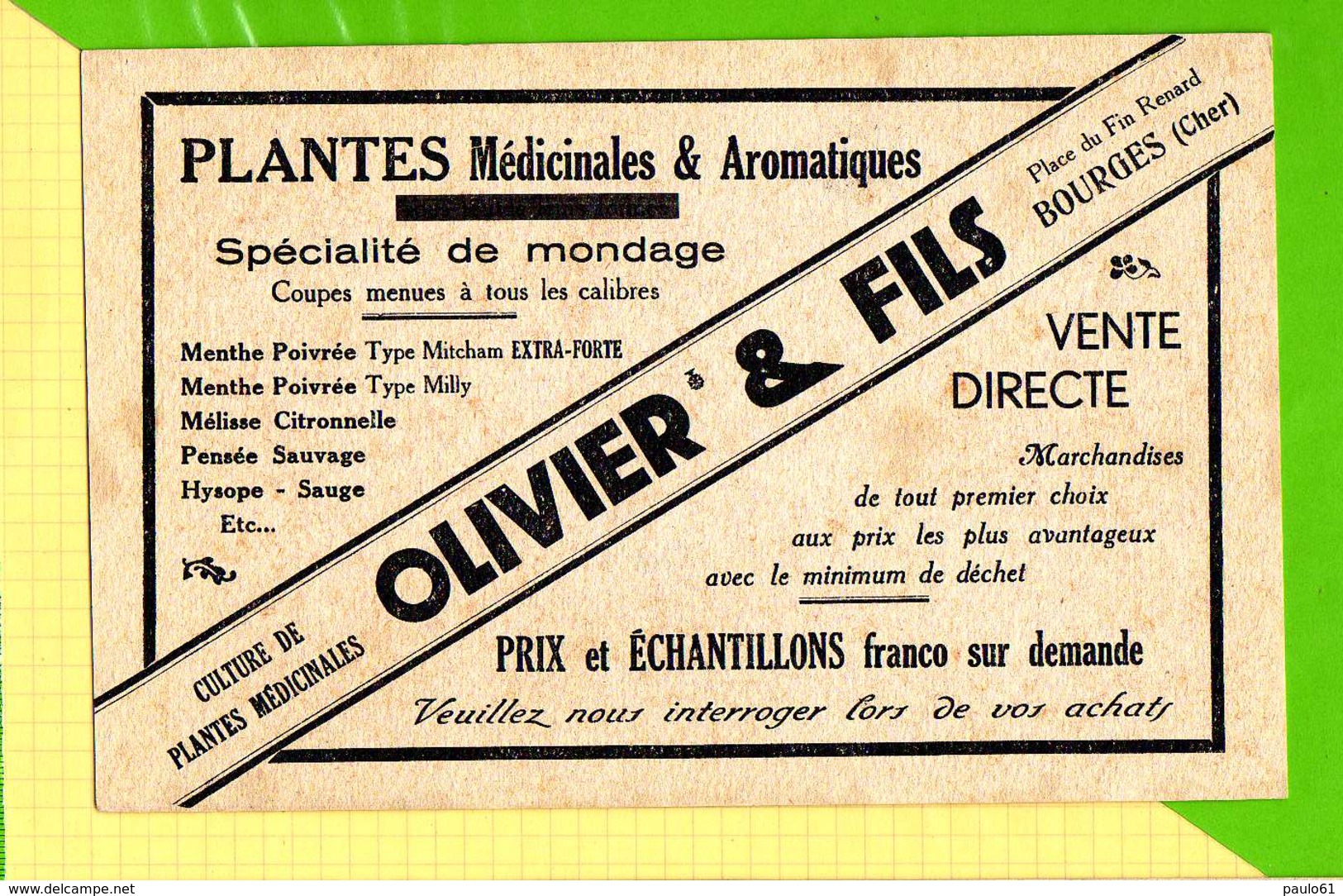 BUVARD &amp; Blotting Paper  : Pharmacie Plantes Medicinales OLIVIER  Bourges  (ecru ) - Drogisterij En Apotheek