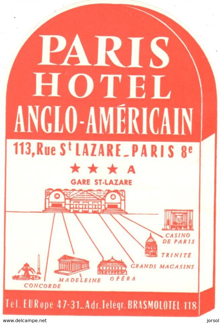 ETIQUETA DE HOTEL  PARIS HOTEL ANGLO-AMÉRICAIN  PARIS -FRANCIA (CON CHANELA) - Etiquetas De Hotel