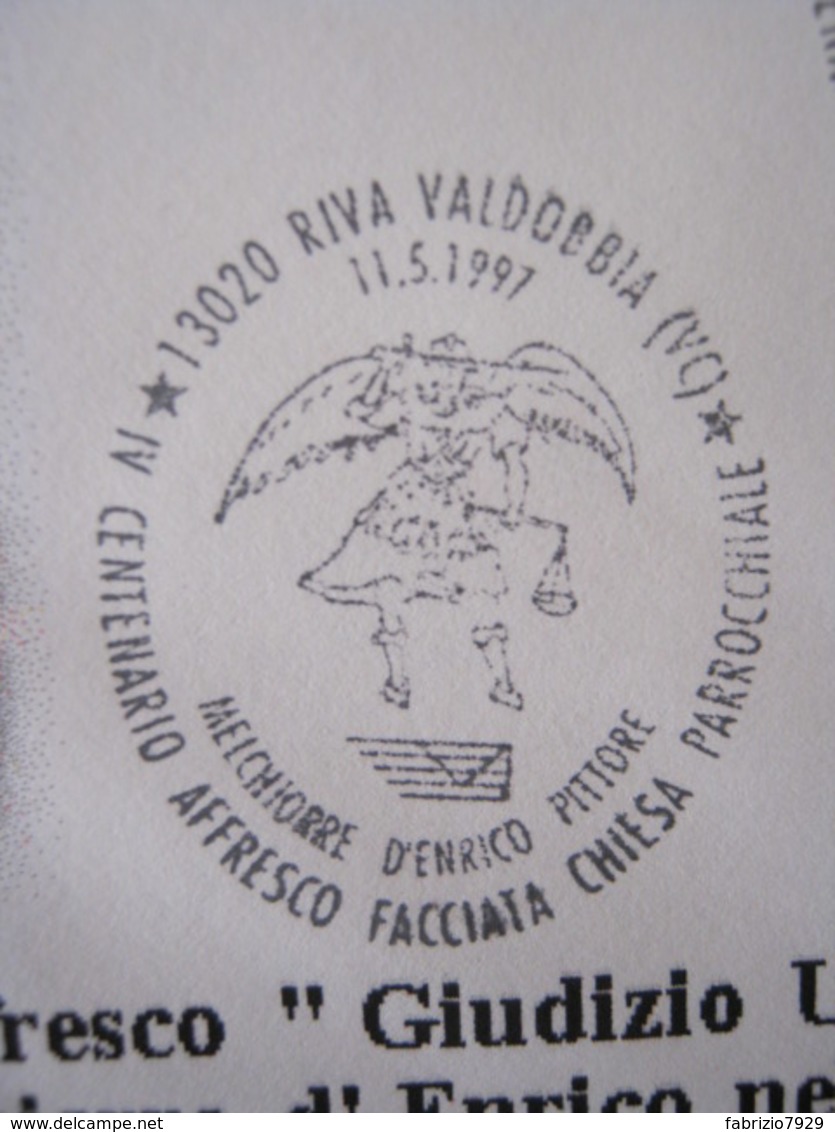 A.13 ITALIA ANNULLO 1997 RIVA VALDOBBIA VERCELLI VALSESIA AFFRESCO FACCIATA CHIESA PITTURA MELCHIORRE D' ENRICO ANGELO - Religione