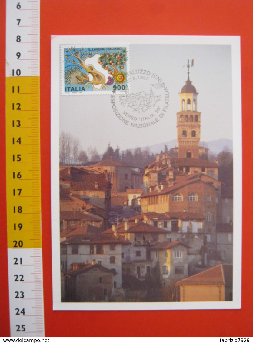 A.13 ITALIA ANNULLO 1997 SALUZZO CUNEO ESPOSIZIONE NAZIONALE FILATELIA VERSO ITALIA '98 SKY LINE BORGO COMUNE MAXIMUM - Altri & Non Classificati