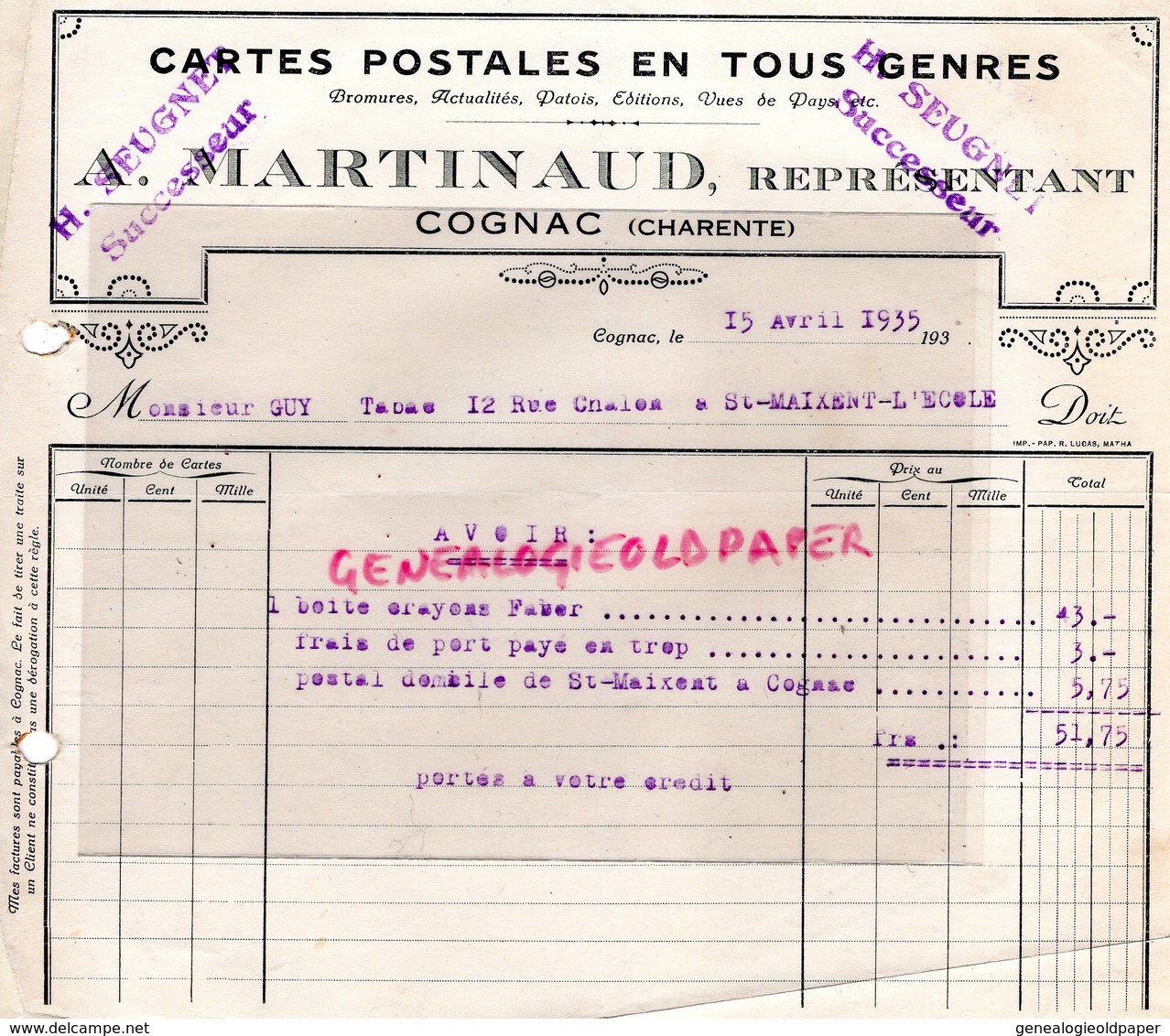 16- COGNAC - RARE FACTURE A. MARTINAUD -CARTES POSTALES BROMURES PATOIS- IMPRIMERIE CARTE POSTALE-  1925 - Printing & Stationeries