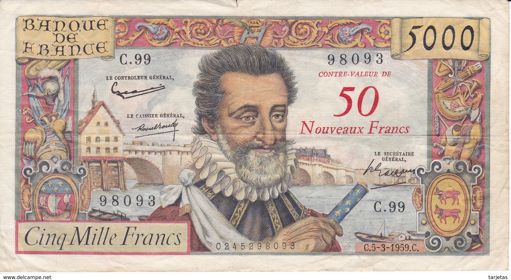 BILLETE DE FRANCIA DE 5000 FRANCS DEL 5-3-1959 DE HENRI IV - 50 NOVEAUX FRANCS  (BANKNOTE) - 1955-1959 Sovraccarichi In Nuovi Franchi