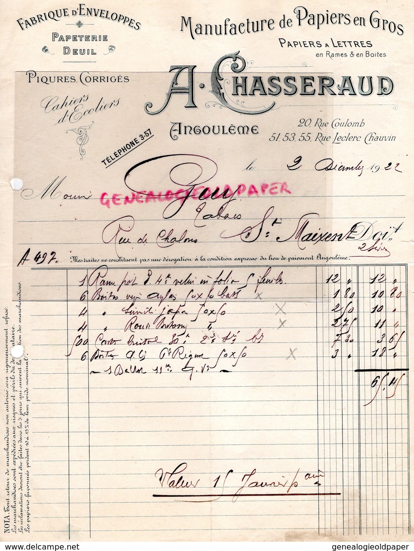 16 - ANGOULEME -FACTURE MANUFACTURE  PAPIERS PAPETERIE IMPRIMERIE-A.CHASSERAUD -20 RUE COULOMB-1922 - Printing & Stationeries