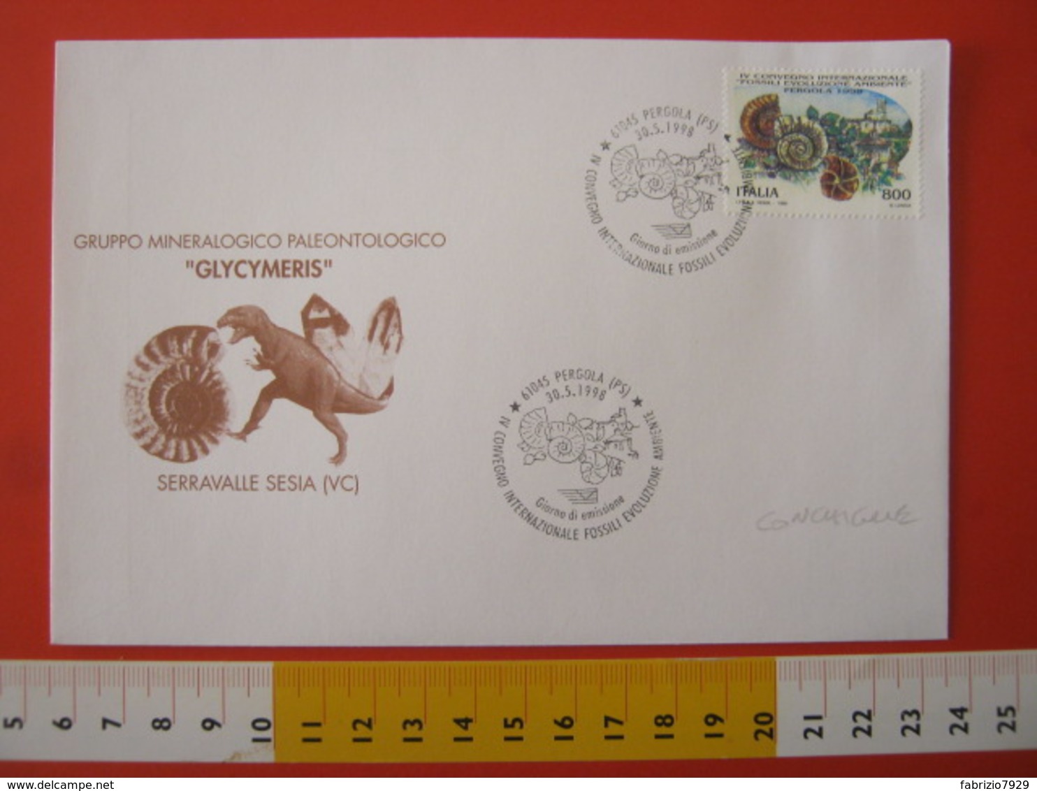 A.13 ITALIA ANNULLO 1998 PERGOLA PESARO URBINO FDC CONVEGNO FOSSILI EVOLUZIONE AMBIENTE CONCHIGLIA SHELL AMMONITE BORGO - Conchiglie