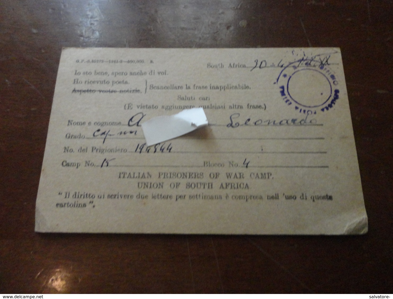 CARTOLINA POSTALE PRIGIONIERI DI GUERRA SUD AFRICA-1942 - Afrique Orientale