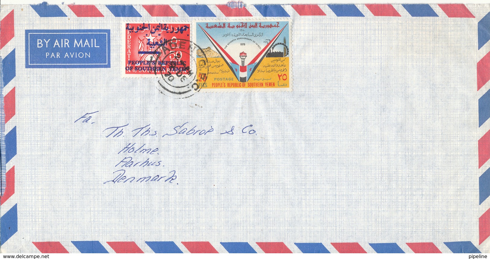 Southern Yemen Air Mail Cover Sent To Denmark Aden 2-12-1970 Overprinted Stamp - Yemen