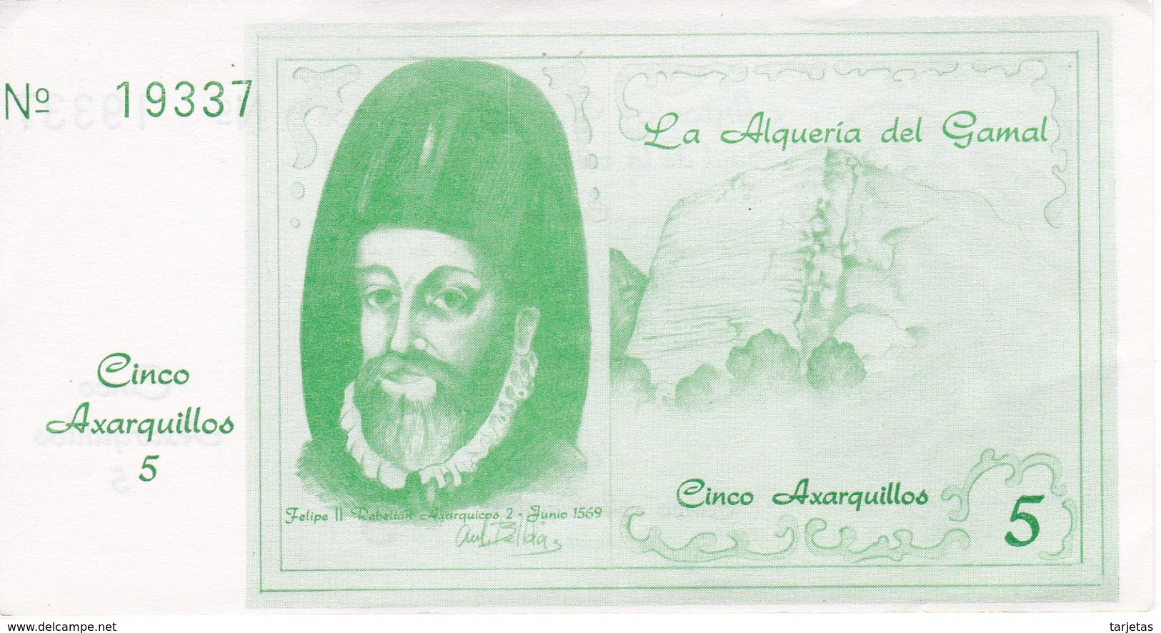 BILLETE DE ESPAÑA DE 5 AXARQUILLOS DEL AÑO 1988 SIN CIRCULAR-PLANCHA (VELEZ-MALAGA)  (BANKNOTE) - [ 4] 1975-…: Juan Carlos I.