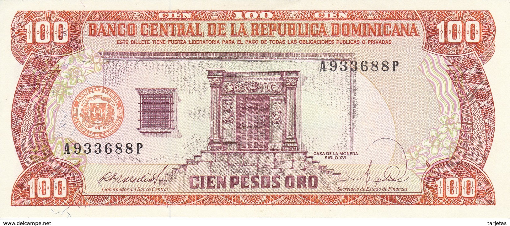 BILLETE DE REP. DOMINICANA DE 100 PESOS ORO DEL AÑO 1988 SIN CIRCULAR - UNCIRCULATED (BANKNOTE) - República Dominicana